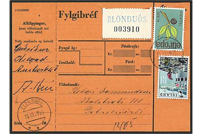 13 kr. blandingsfrankeret adressekort for pakke fra Blönduos d. 15.12.1965 til Patreksfjördur.