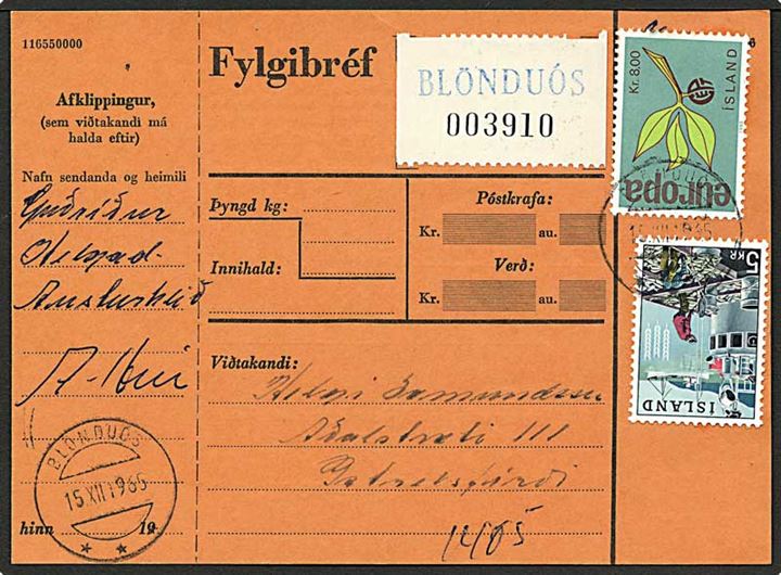 13 kr. blandingsfrankeret adressekort for pakke fra Blönduos d. 15.12.1965 til Patreksfjördur.