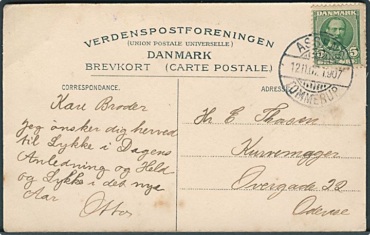 Parti fra Glamsbjerg. No. 4958. frankeret med 5 øre Fr. VIII annulleret med bureaustempel Assens - Tommerup T.907 d. 12.11.1907.