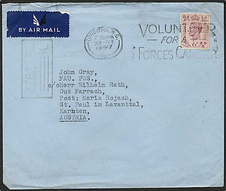 6 pence på luftpost brev fra London, England, d. 30.5.1947 til Australien.