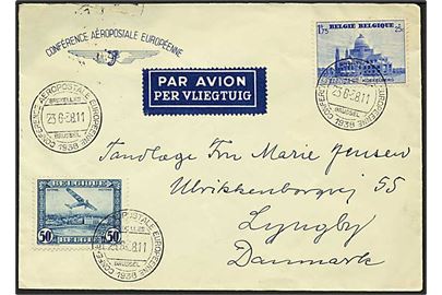 1,75 Fr. Koekelberg og 50 c. Luftpost på fortrykt luftpostbrev fra Europæiske Luftpost Konference annulleret med konference-stempel Bruxelles, Belgien, d. 23.6.1938 til Lyngby.