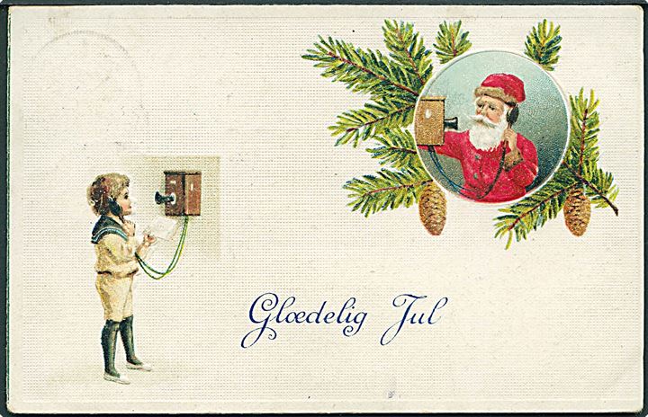 Glædelig Jul. Barn og Julemanden snakker i telefon. S. S. Serie 106. Prægekort. 