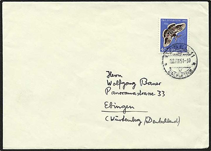 40+10 c. 1951 Pro Juventute udg. single på brev fra Basel, Schweiz, d. 28.12.1951 til Tyskland.
