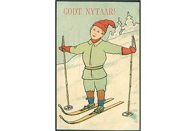 Godt Nytaar!. Dreng på ski. Ukendt Kunstner. U/no. 