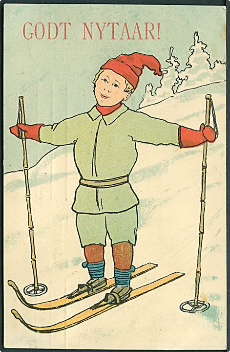 Godt Nytaar!. Dreng på ski. Ukendt Kunstner. U/no. 