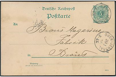 5 pfg. helsagsbrevkort stemplet Ober-Jersdal d. 26.1.1893 til Brøns.