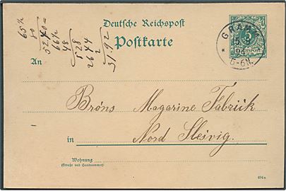 5 pfg. helsagsbrevkort stemplet Gramm d. 5.9.1894 til Brøns.