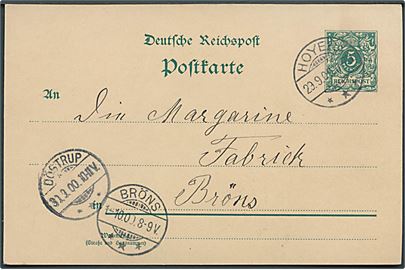 5 pfg. helsagsbrevkort fra Hoyer d. 29.9.1900 via Döstrup til Bröns.