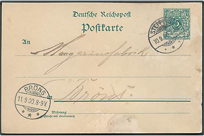 5 pfg. helsagsbrevkort stemplet Stepping d. 10.9.1900 til Bröns. Skjold.