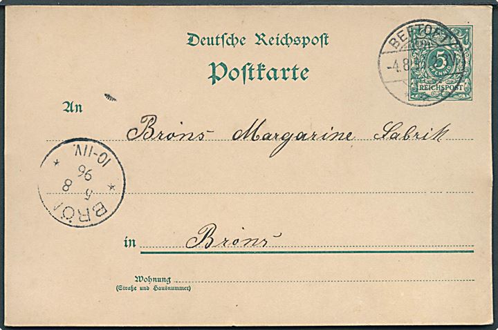 5 pfg. helsagsbrevkort fra Bevtoft d. 4.8.1896 til Bröns.