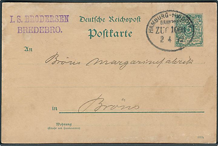5 pfg. helsagsbrevkort fra Bredebro annulleret med bureaustempel Hamburg - Hvidding Bahnpost Zug 1006 d. 2.4.1892 til Bröns. Skjodet.