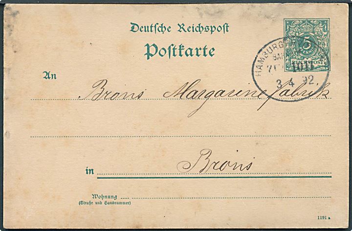 5 pfg. helsagsbrevkort fra Hvidding annulleret med bureaustempel Hamburg - Hvidding Bahnpost Zug 1017 d. 3.4.1892 til Bröns. Skjodet.