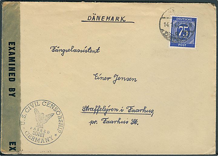 Tysk 75 pfg. på brev fra Berlin d. 14.1.1947 til Fængselsassistent i Straffelejren i Faarhus pr. Faarhus St. Åbnet af allieret efterkrigscensur i Tyskland.