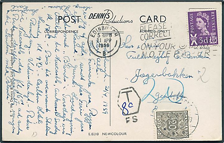 3d Elizabeth Scotland lokal udg. på underfrankeret brevkort fra Edinburgh d. 21.4.1959 til Gentofte, Danmark. Udtakseret i porto med 20 øre Portomærke stemplet Gentofte.