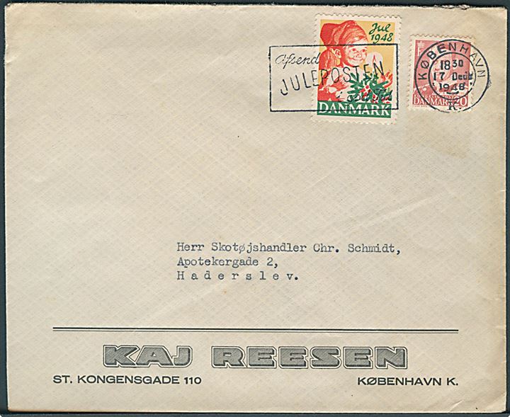 20 øre Fr. IX og Julemærke 1948 på brev fra København d. 17.12.1948 til Haderslev.