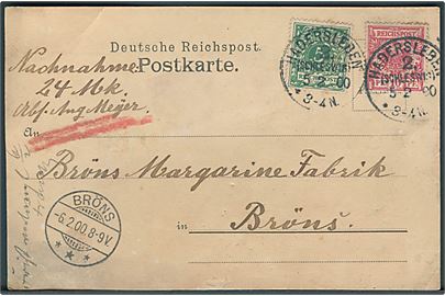 5 pfg. og 10 pfg. på brevkort med opkrævning stemplet Hadersleben 2 (Schleswig) d. 5.2.1900 til Bröns. Skjoldet.