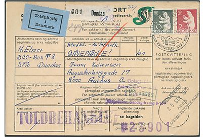 2 kr. og 10 kr. Isbjørn på adressekort for pakke fra Dundas d. 31.8.1970 til aarhus. Blå Toldpligtig i Danmark etiket.