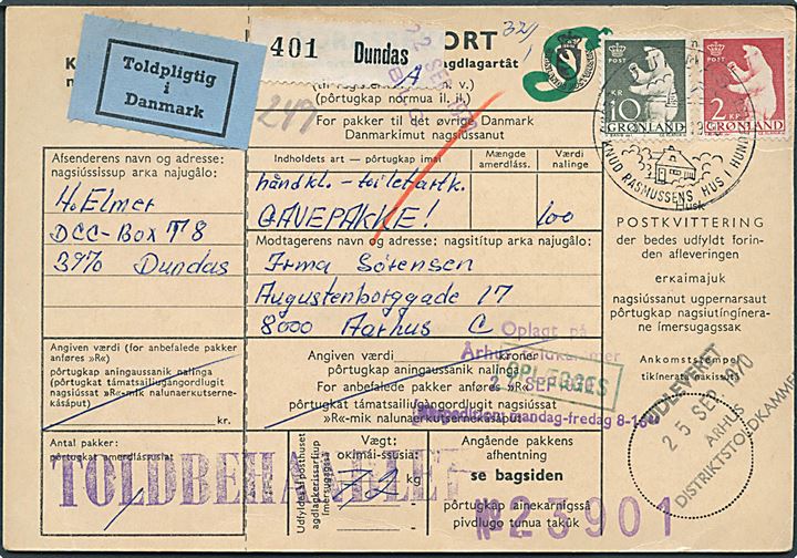 2 kr. og 10 kr. Isbjørn på adressekort for pakke fra Dundas d. 31.8.1970 til aarhus. Blå Toldpligtig i Danmark etiket.