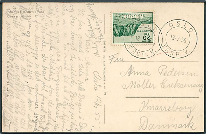 20+10 øre Nordkap på brevkort annulleret med interessant stempel Oslo TRSP.V. d. 13.7.1955 til Knarreborg, Danmark.