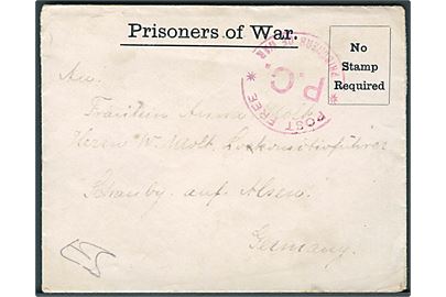 Ufrankeret fortrykt krigsfangebrev med indhold fra krigsfange i Knockaloe, Isle of Man dateret d. 5.4.1916 til Schauby, Alsen i Nordslesvig. Rødt censurstempel. 