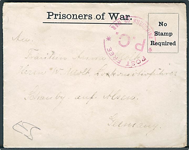 Ufrankeret fortrykt krigsfangebrev med indhold fra krigsfange i Knockaloe, Isle of Man dateret d. 5.4.1916 til Schauby, Alsen i Nordslesvig. Rødt censurstempel. 