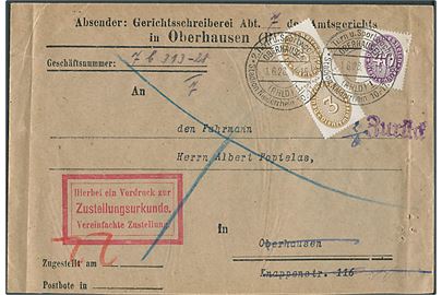 3 pfg. (2) og 40 pfg. Tjenestemærker på lokalbrev med modtagelsesbevis i Oberhausen d. 1.6.1928. Retur med flere påtegninger. 