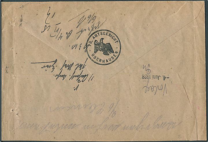 3 pfg. (2) og 40 pfg. Tjenestemærker på lokalbrev med modtagelsesbevis i Oberhausen d. 1.6.1928. Retur med flere påtegninger. 