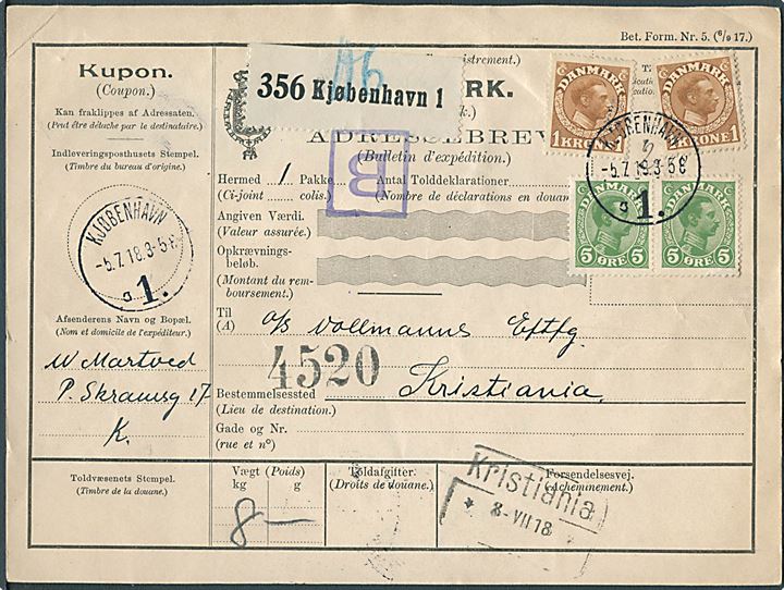 5 øre (par) og 1 kr. (2) Chr. X på internationalt adressekort for pakke fra Kjøbenhavn d. 5.7.1918 til Kristiania, Norge.
