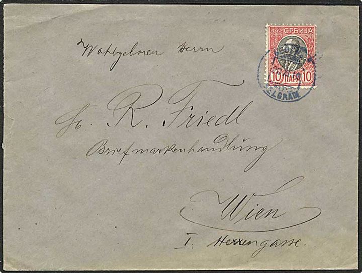 10 Para Peter I single på brev fra Belgrad d. 20.11.1910 til Wien, Østrig.