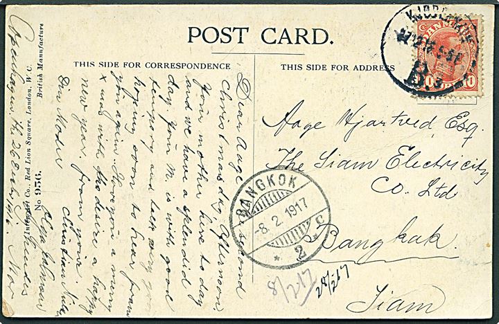 10 øre Chr. X på brevkort fra Kjøbenhavn d. 17.12.1916 til Bangkok, Siam. Ank.stemplet Bangkok d. 8.2.1917.