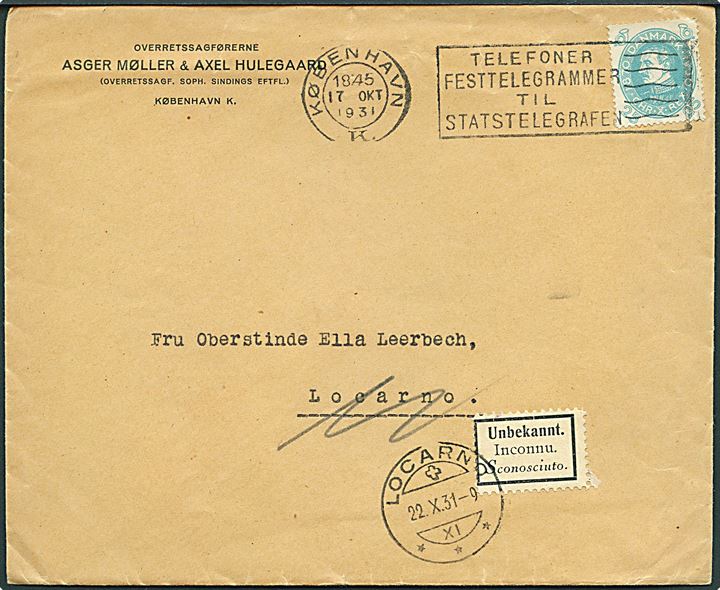 25 øre Chr. X 60 år single på brev fra København d. 17.10.1931 til Locarno, Schweiz. Retur med 3-sproget etiket Unbekannt..