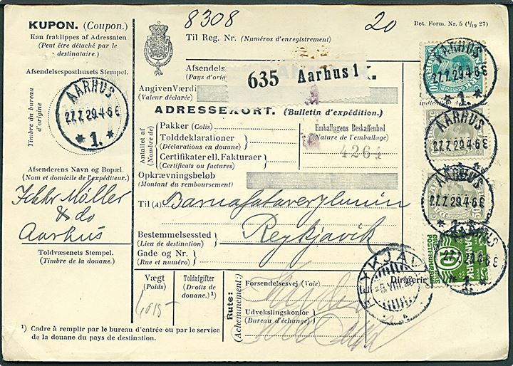 10 øre Bølgelinie, 50 øre (2) og 60 øre Chr. X på internationalt adressekort for pakke fra Aarhus d. 27.7.1929 til Reykjavik, Island. Ank.stemplet Reykjavik d. 5.8.1929.