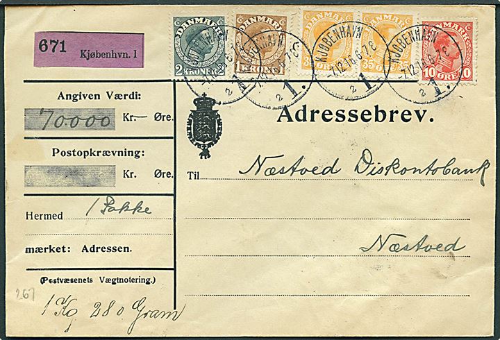 10 øre, 35 øre (par), 1 kr. og 2 kr. Chr. X på 380 øre frankeret adressebrev for værdipakke (70.000) kr. fra Kjøbenhavn d. 7.12.1916 til Næstved.