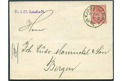 10 øre Våben single på brev fra Kjøbenhavn d. 11.9.1890 via Frederikshavn til Bergen, Norge.