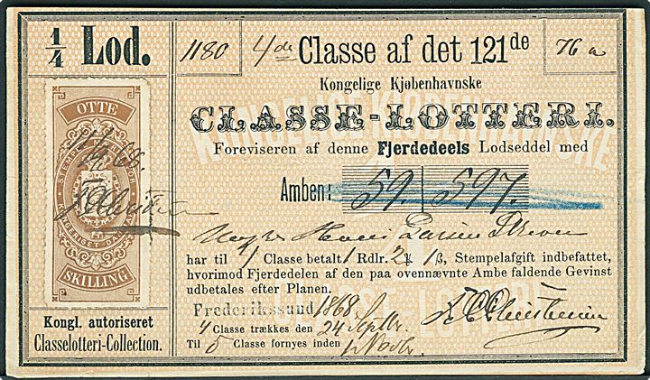 8 sk. stempelmærke på 1/4 lod fra Classe-Lotteriet udstedt i Frederikssund d. 24.9.1868.