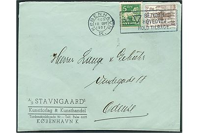 10 øre Regentjubilæum og svensk 5 öre Løve på blandingsfrankeret brev fra København d. 10.9.1937 til Odense. Ikke udtakseret i porto.
