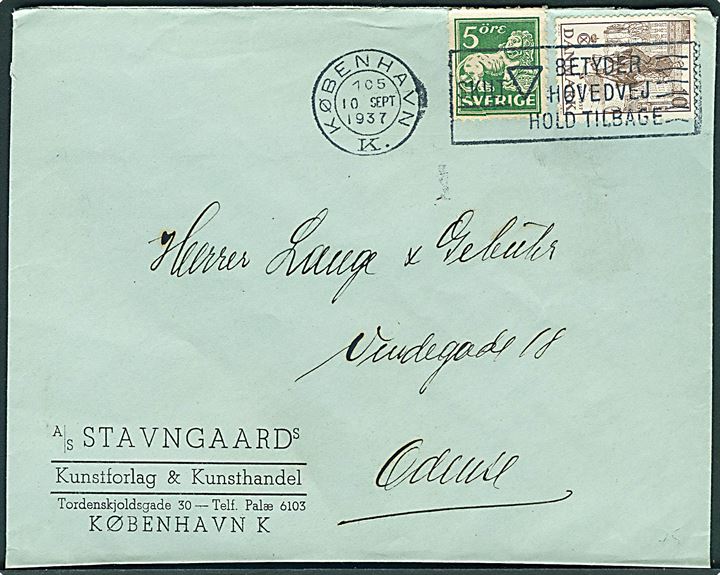 10 øre Regentjubilæum og svensk 5 öre Løve på blandingsfrankeret brev fra København d. 10.9.1937 til Odense. Ikke udtakseret i porto.