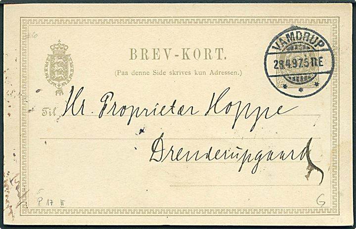 3 øre lokalt helsagsbrevkort med advis om ankommende pakke stemplet Vamdrup d. 28.4.1897 til Drenderupgaard. På bagsiden ovalt jernbanestempel Vamdrup * D.S.B. J.F. * d. 28.4.1897.