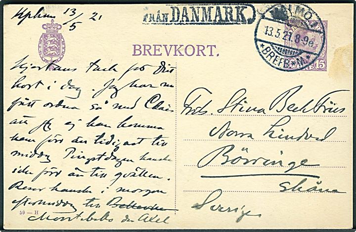 15 øre Chr. X helsagsbrevkort fra København annulleret med svensk stempel Malmö d. 13.5.1921 og sidestemplet Från Danmark til Börringe, Sverige.