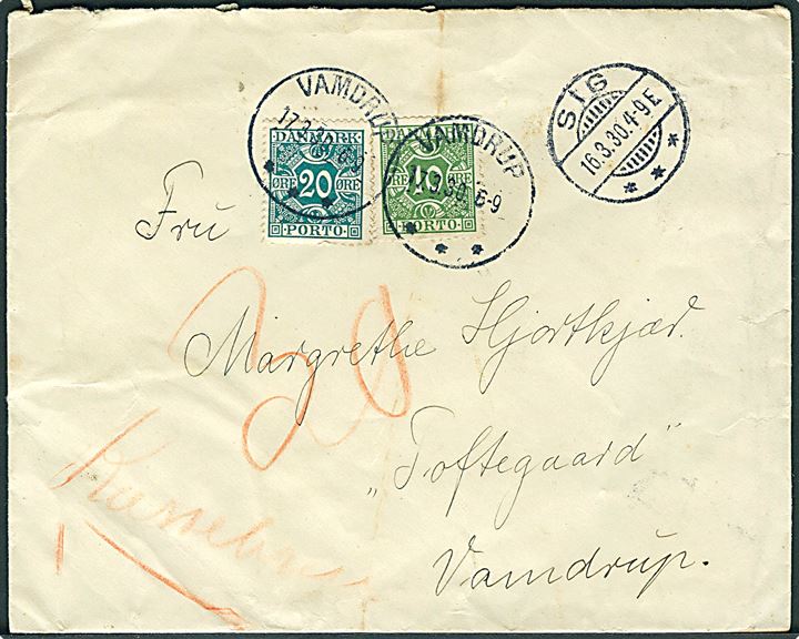 Ufrankeret brev mærket Kassebrev med brotype Ia Sig d. 16.3.1930 til Vamdrup. Udtakseret i porto med 10 øre og 20 øre Portomærke stemplet Vamdrup d. 17.9.1930.