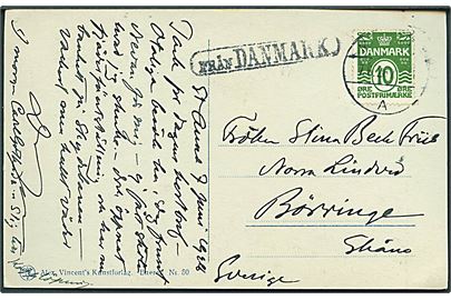 10 øre Bølgelinie på brevkort fra København annulleret med svensk stempel i Malmö d. 7.6.1928 og sidestemplet Från Danmark til Börringe, Sverige.