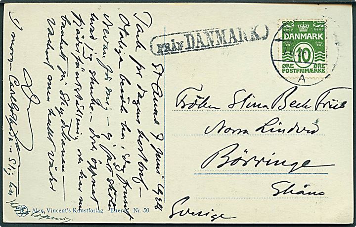10 øre Bølgelinie på brevkort fra København annulleret med svensk stempel i Malmö d. 7.6.1928 og sidestemplet Från Danmark til Börringe, Sverige.