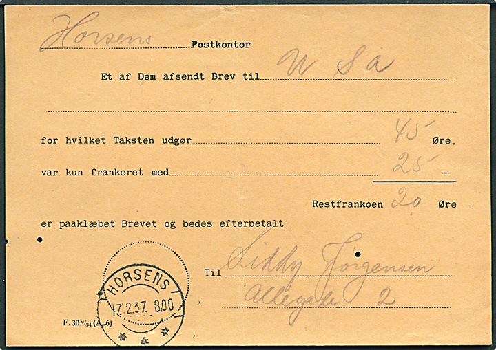 Portoregning formular F.30 6/34 (A6) stamplet Horsens d. 17.2.1937. Regning for underfrankeret brev til USA.