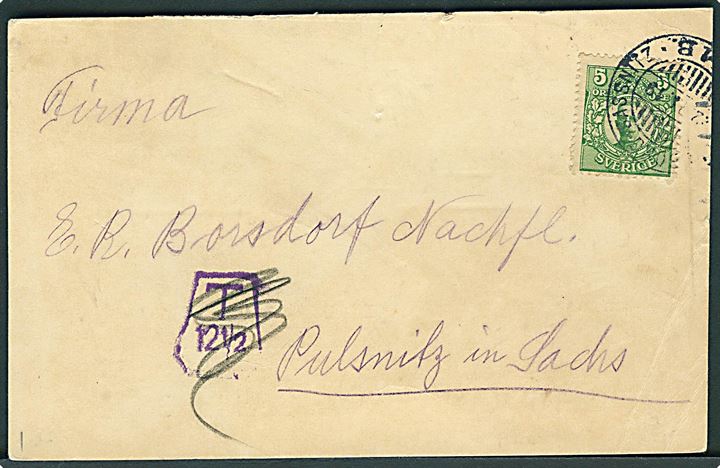 5 öre Gustaf på tryksags-brevkort fra Stockholm annulleret med skibsstempel Trelleborg - Sassnitz 141B d. 22.4.1919 til Pulsnitz, Tyskland. Violet portostempel: T 12½ som igen er overstreget.