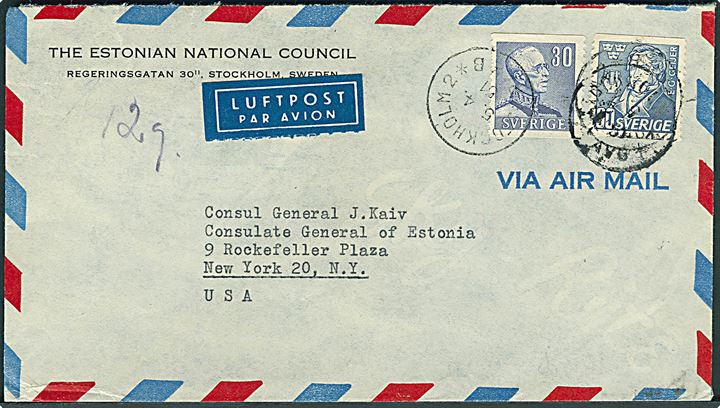 30 öre Gustaf og 90 öre Geijer på fortrykt kuvert fra The Estonian National Council sendt som luftpost fra Stockholm d. 5.4.1951 til Det estiske generalkonsulat i New York, USA.