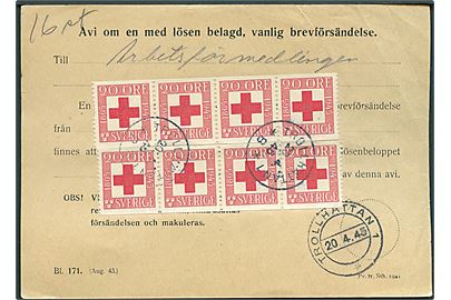 20 öre Røde Kors i to 5-striber på portokvittering stemplet Trollhättan d. 20.4.1945.