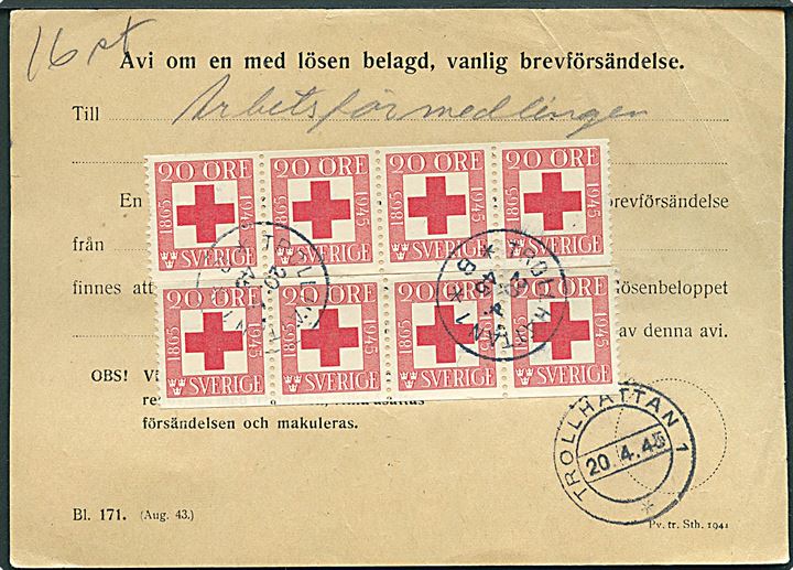 20 öre Røde Kors i to 5-striber på portokvittering stemplet Trollhättan d. 20.4.1945.