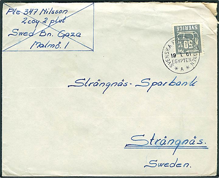 50 öre på brev annulleret Svenska FN-Batallionen Egypten *A* d. 19.1.1961 til Strängnäs, Sverige.