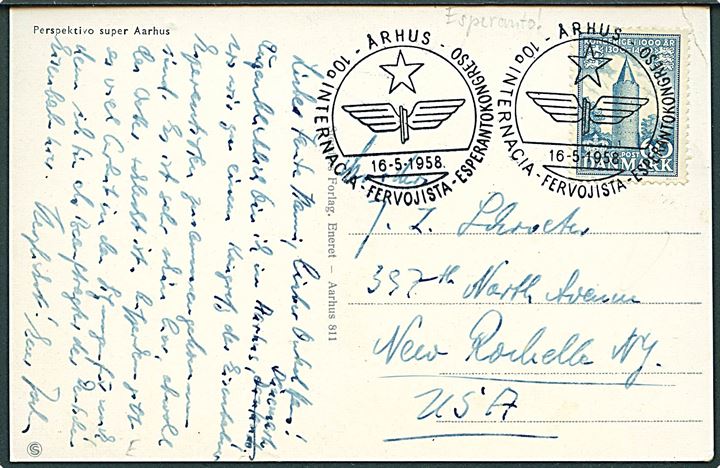 60 øre 1000 års udg. på brevkort annulleret med særstempel fra 10. Internationale Esperanto Kongres i Århus d. 16.5.1958 til New Rochelle, USA.