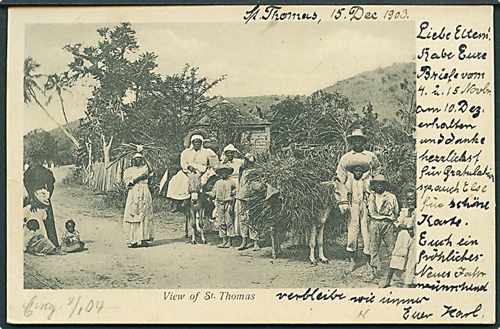 2 cent Våben single på brevkort (View of St. Thomas) stemplet St. Thomas d. 16.12.1903 til Stettin, Tyskland.